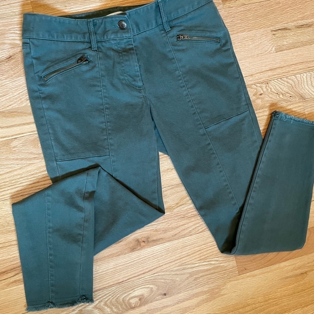 Ann Taylor Loft Jeans Olive Green Zip Front Pockets Raw Frayed Hem - Siz…